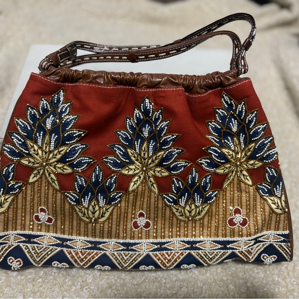 Isabella Fiore Red and Brown Embroidered Shoulder Bag
